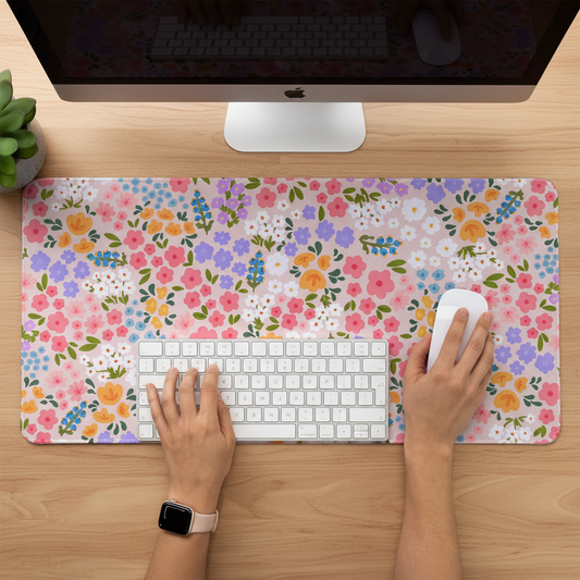 A colourful floral desk mat offering smooth surface and non-slip base for your aesthetic workspace setup