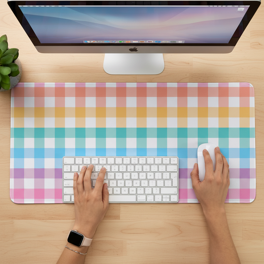 Rainbow Plaid desk mat with bright pastel colours checkered pattern for a colourful and fun workspace