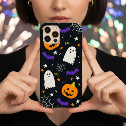 Young woman holding a phone with a cute Halloween-themed case against a blurred festive background