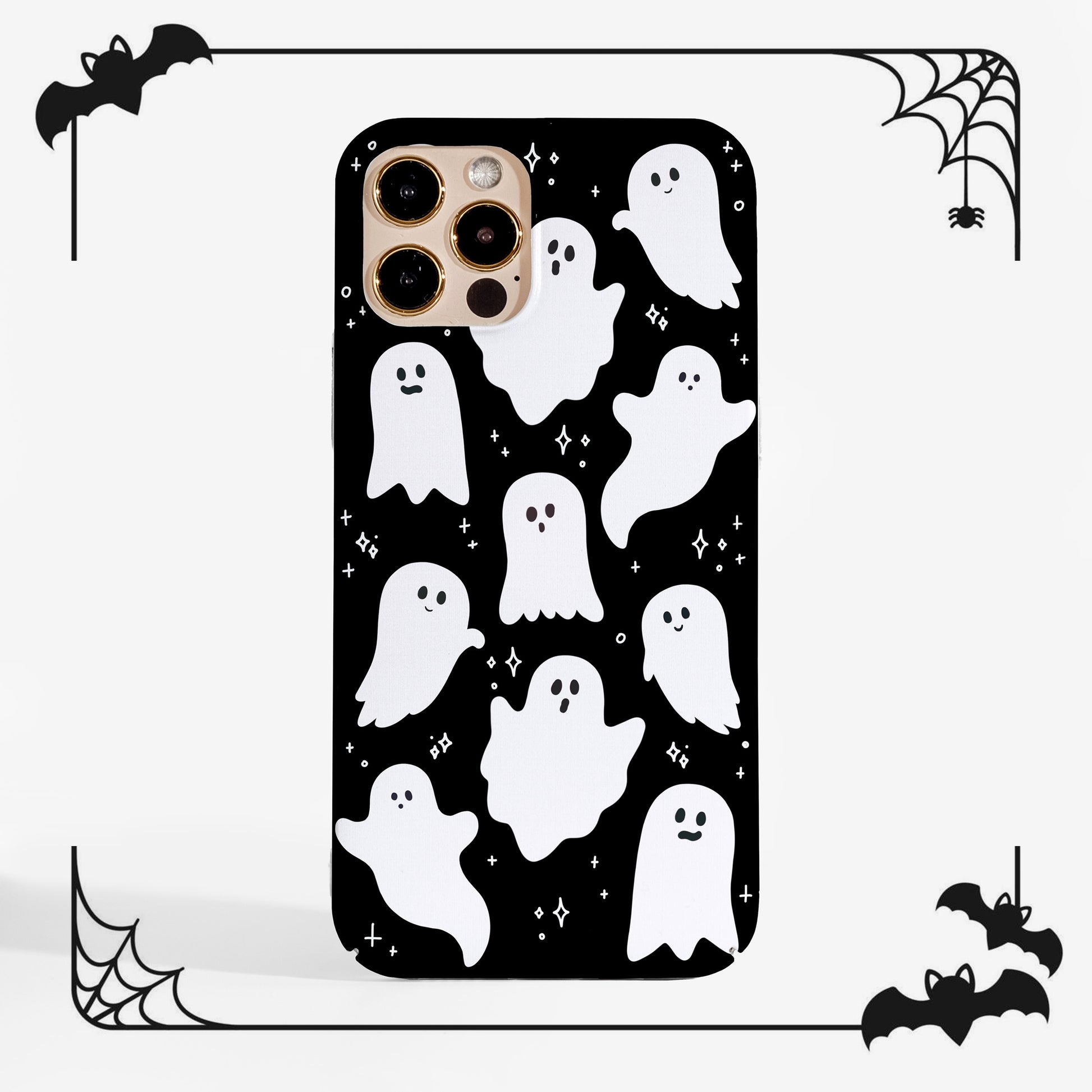 Cute Halloween ghost phone case with white ghosts on a black background, perfect for Halloween lovers.