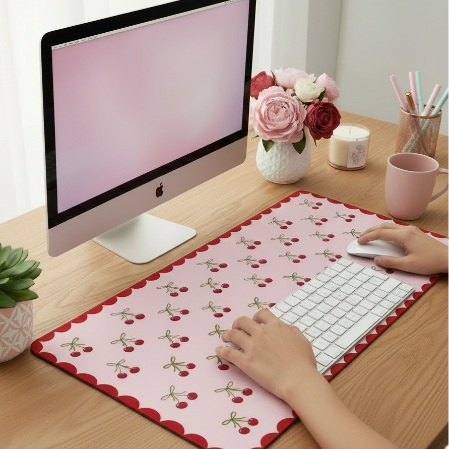 Cute cherry desk mat with cherries and red frame, perfect to brighten your deks setup