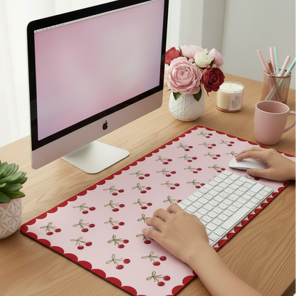 Cute cherry desk mat with cherries and red frame, perfect to brighten your deks setup