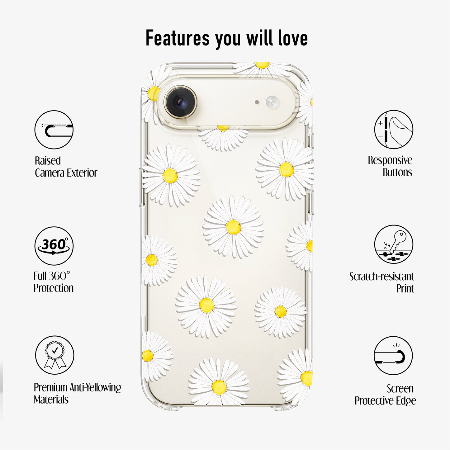 clear daisy phone case with with scratch-resistant UV print and anti-yellow material