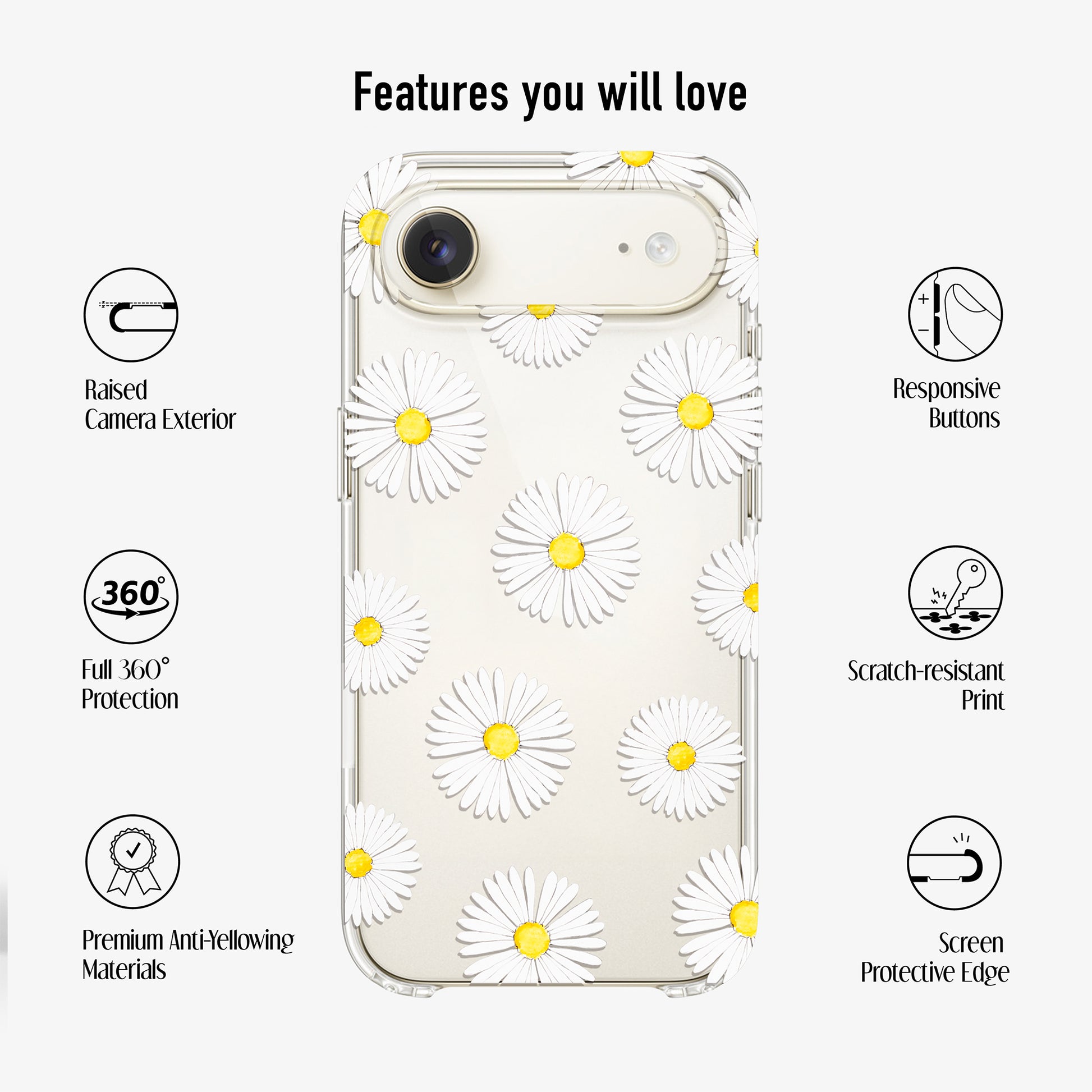clear daisy phone case with with scratch-resistant UV print and anti-yellow material