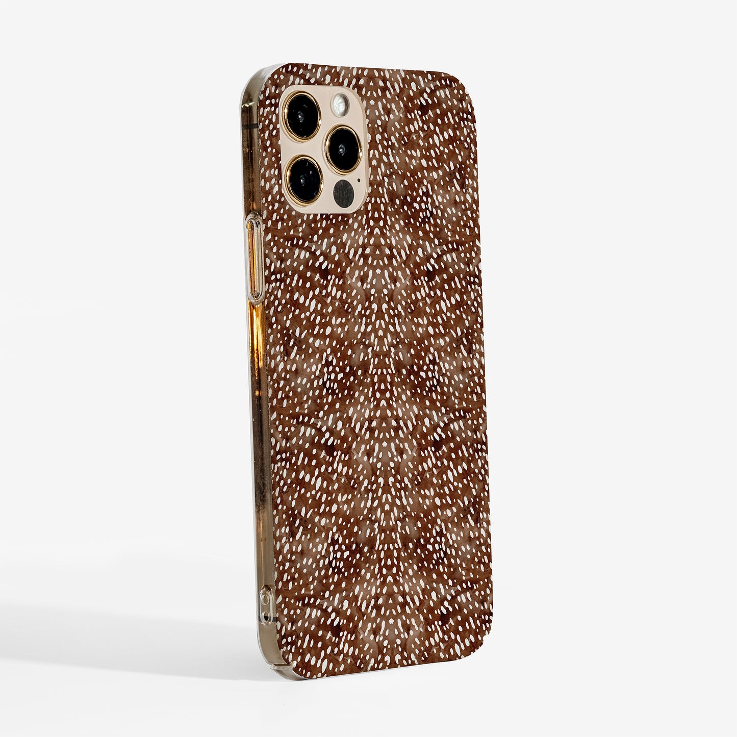 Side view of the deer print phone case on an iPhone showing clear sides. available for other model too