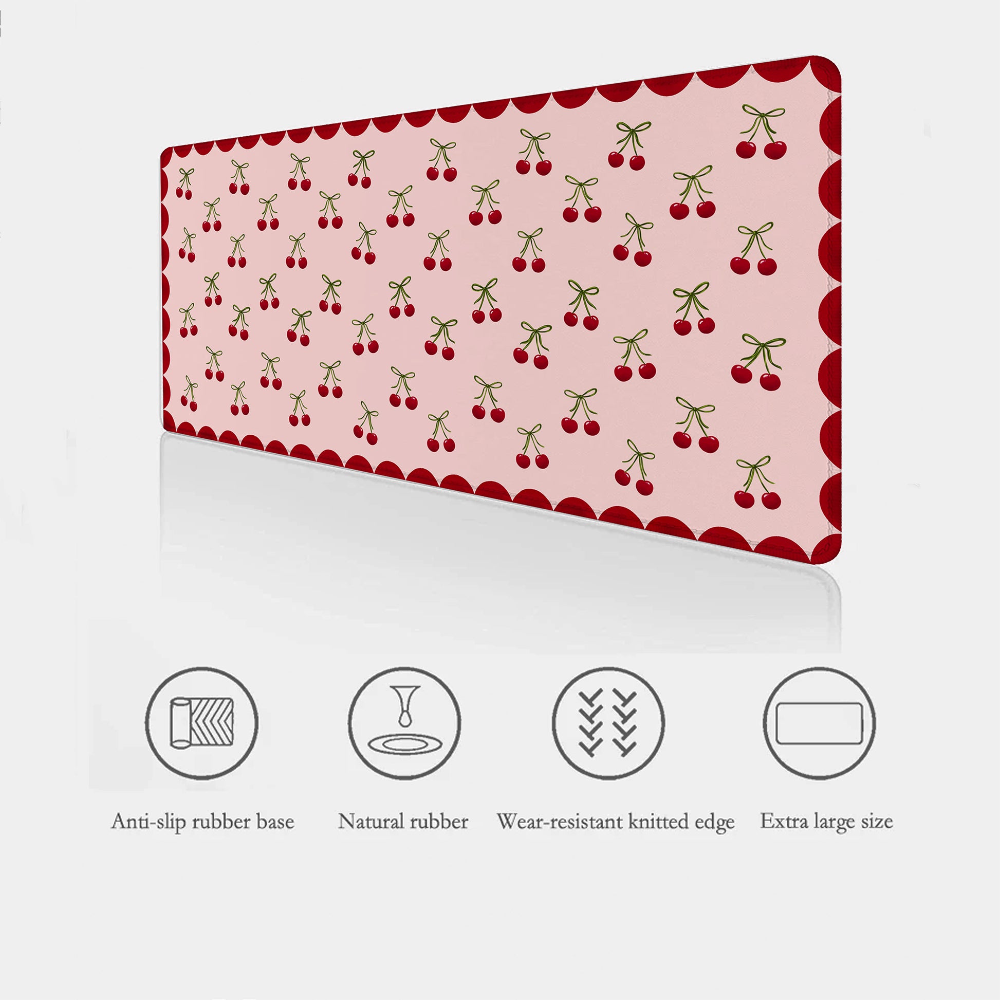 cute Cherry desk mat showing key features such as stitched edges, exhtra large size and anti-slip rubber base.