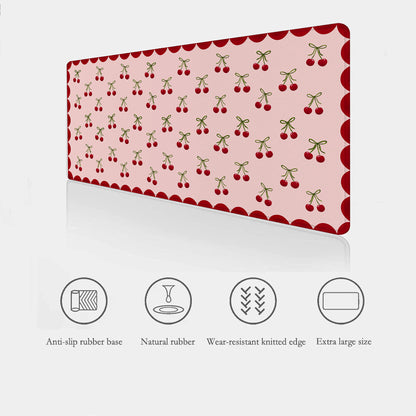 cute Cherry desk mat showing key features such as stitched edges, exhtra large size and anti-slip rubber base.