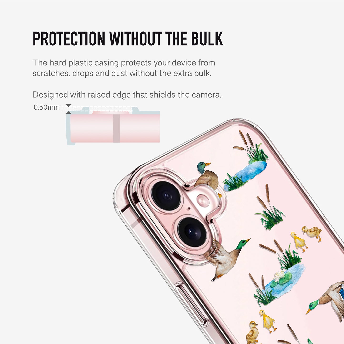 Clear phone case with raised camera edge and cute duck illustration