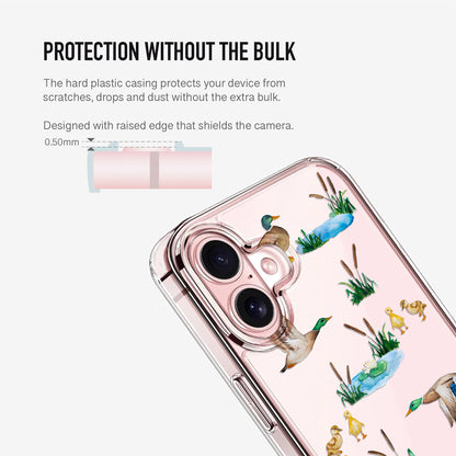 Clear phone case with raised camera edge and cute duck illustration