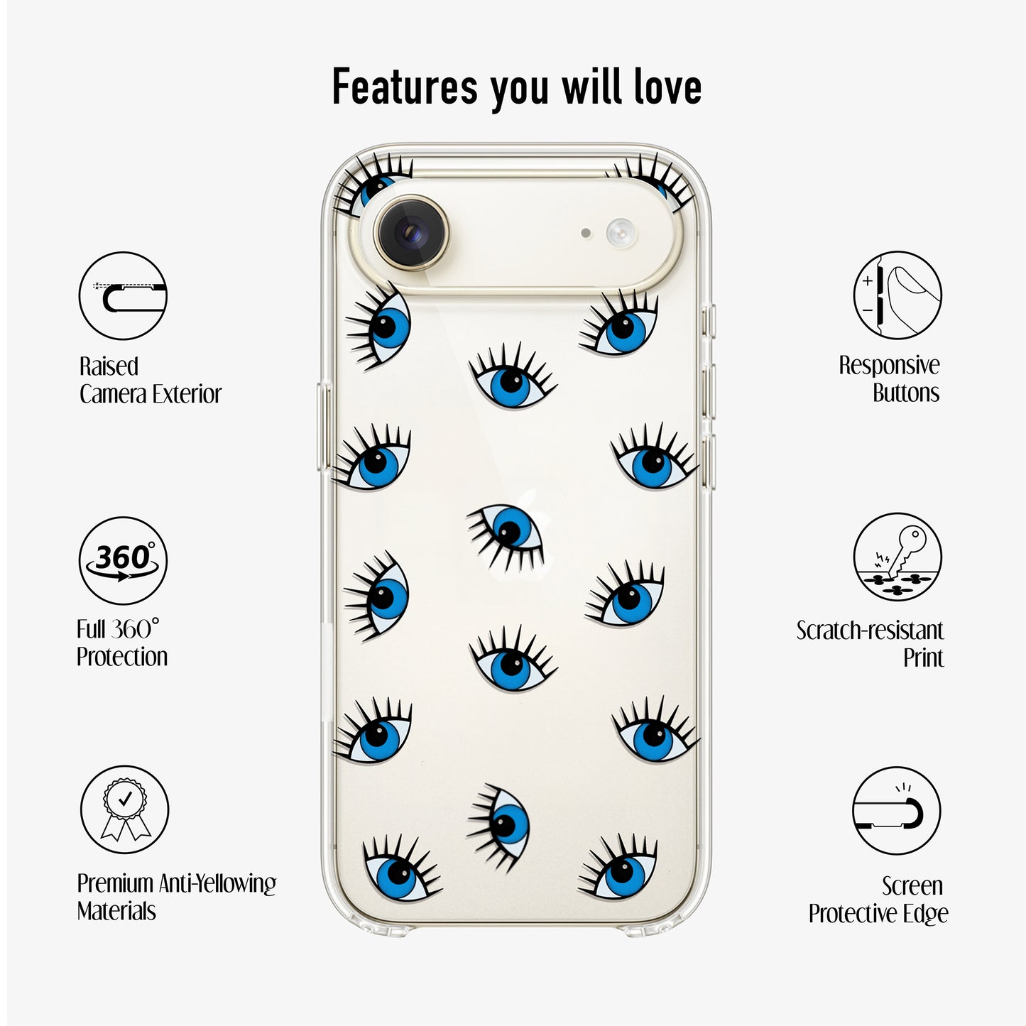 evil eye phone case with anti-yellowing materials, scratch-resistant print and 360 protection
