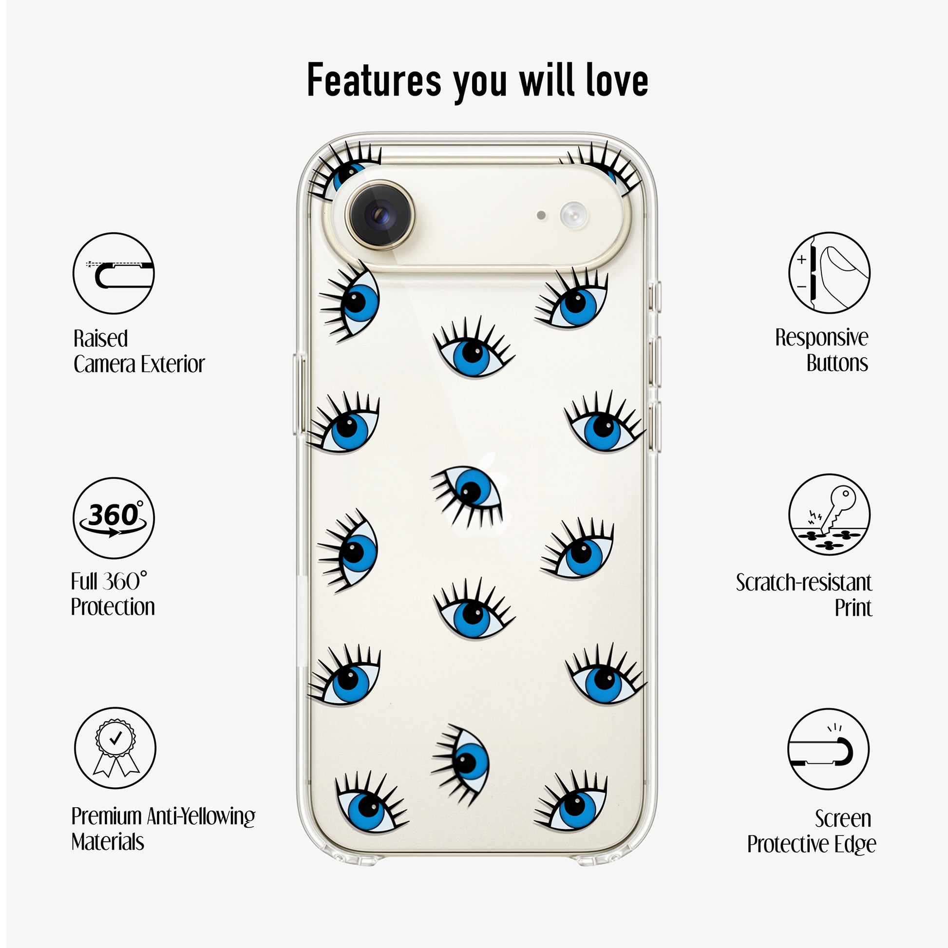 evil eye phone case with anti-yellowing materials, scratch-resistant print and 360 protection