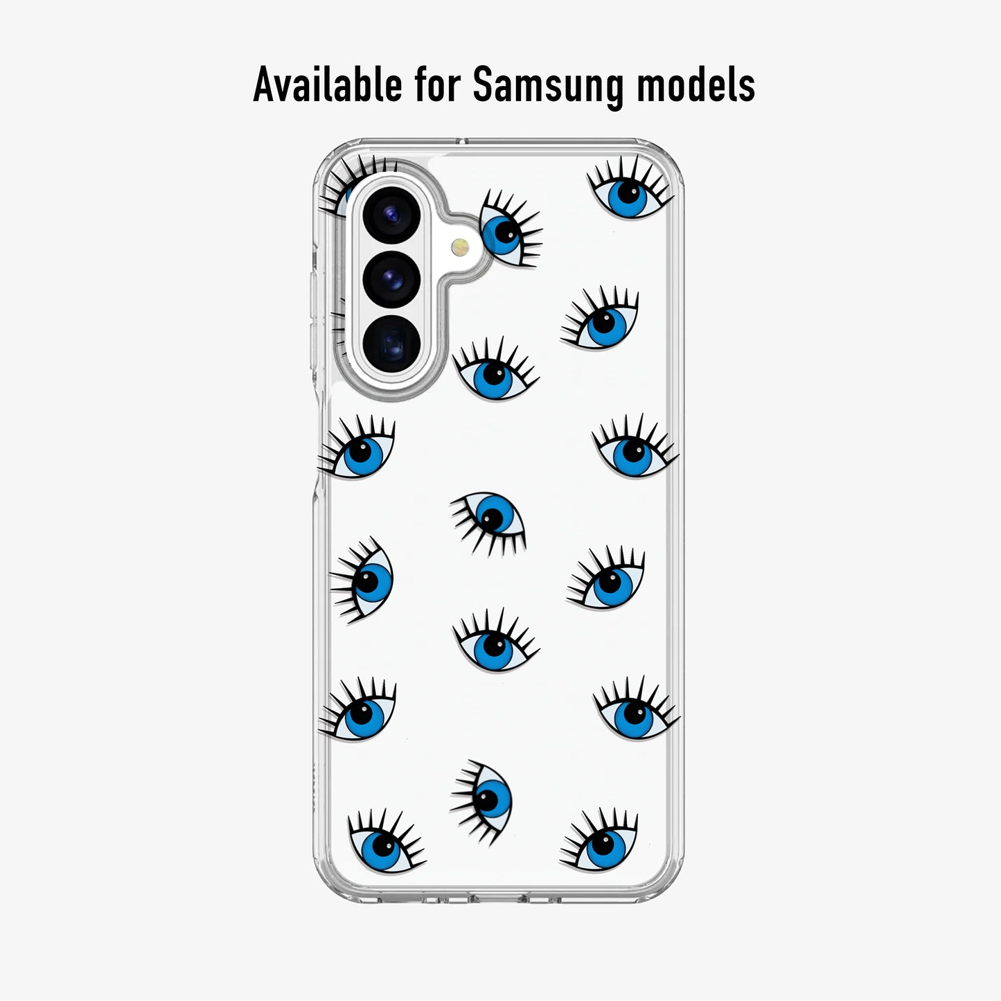 Clear phone case with evil eye print available for Samsung models