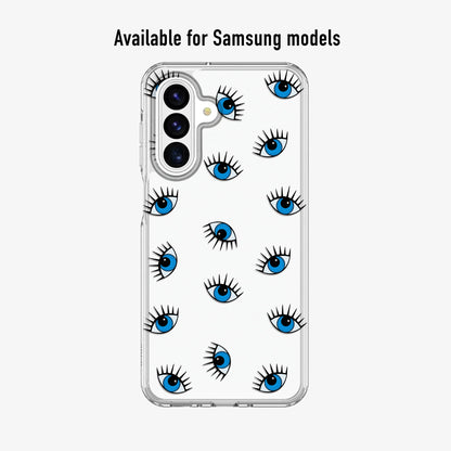 Clear phone case with evil eye print available for Samsung models