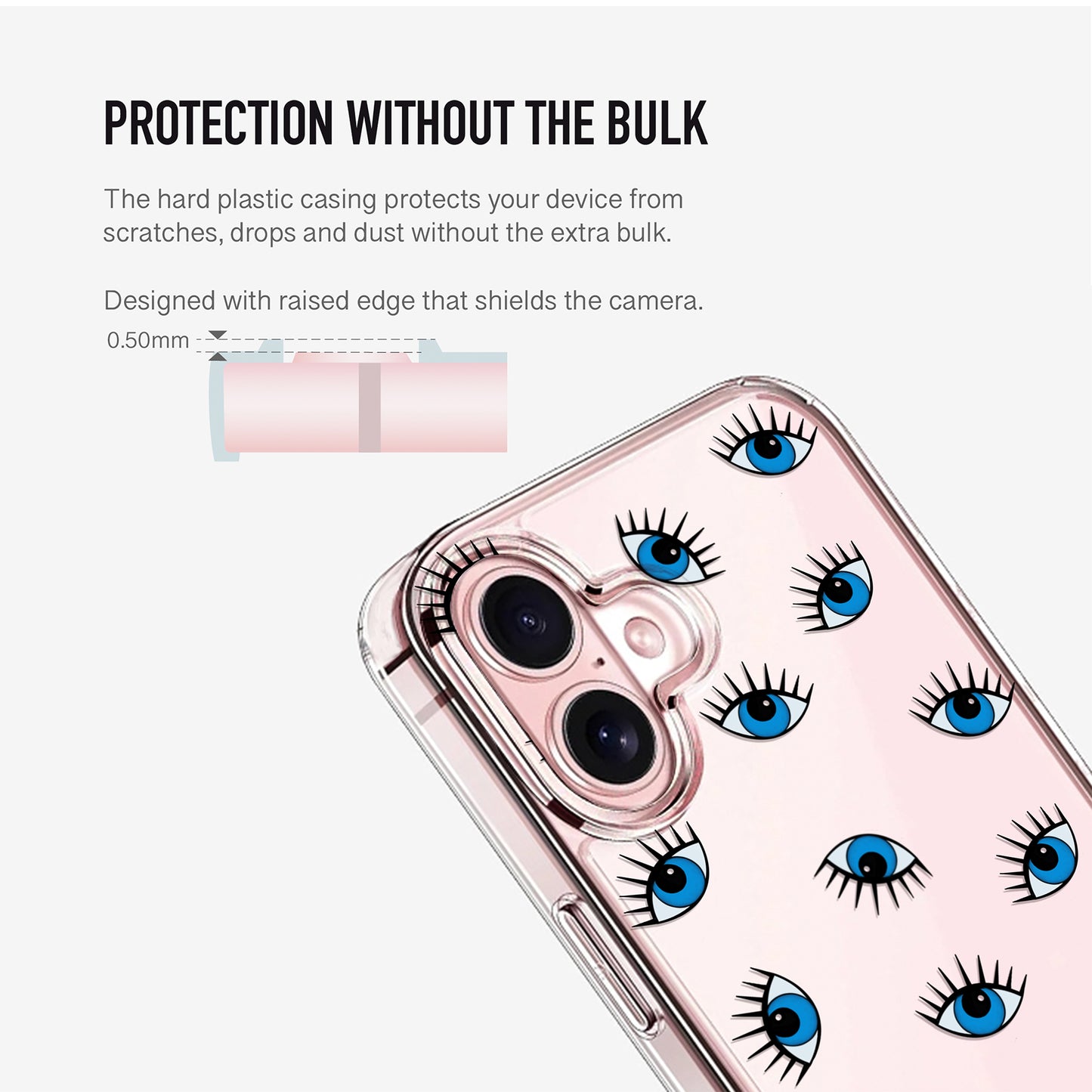 Phone case with eye pattern and raised camera for extra lens protection