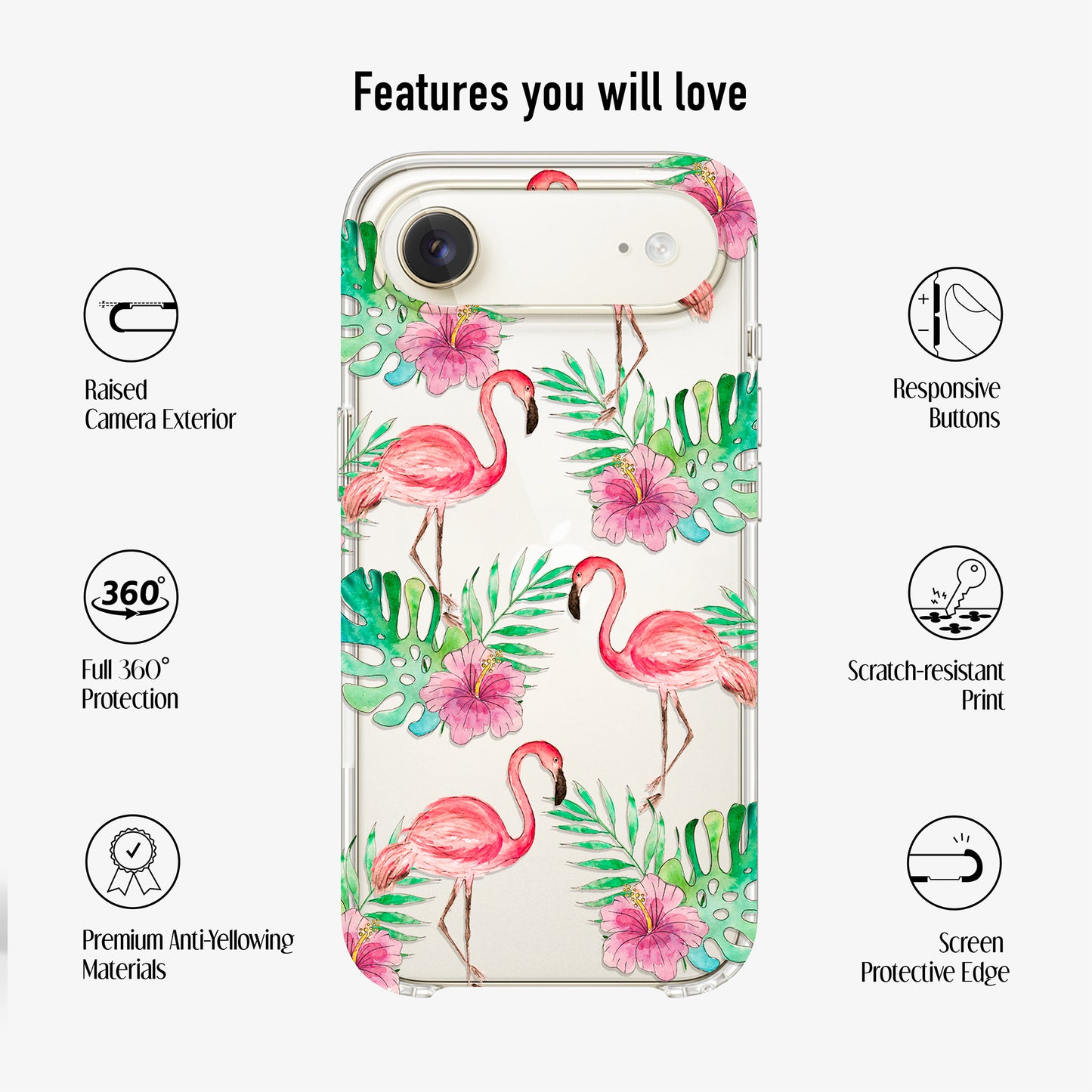clear Phone case with tropical flamingo design showing features like scratch-resistant print, anti-yellow material and 360 protection