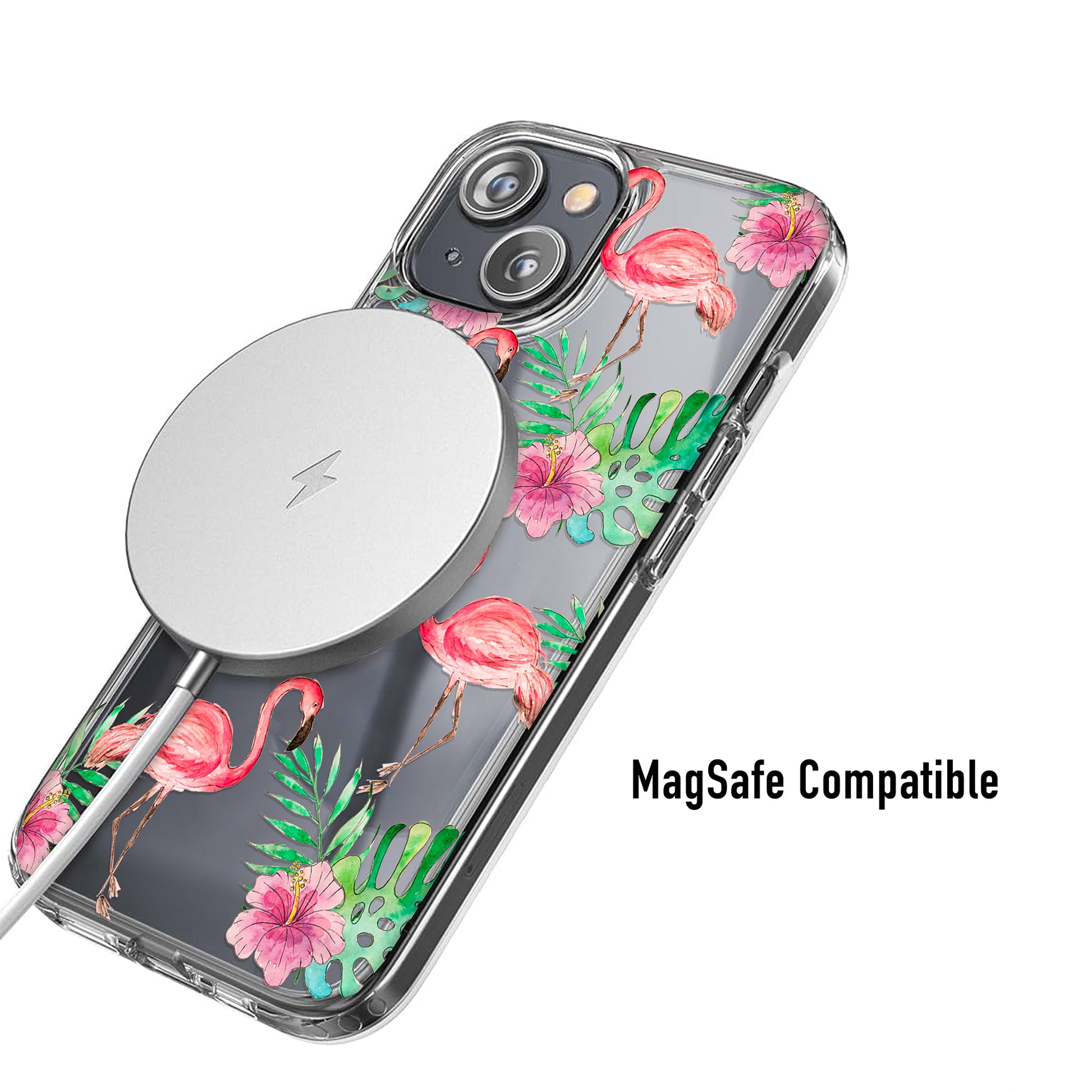 clear phone case with flamingo print and magsafe compatibility 