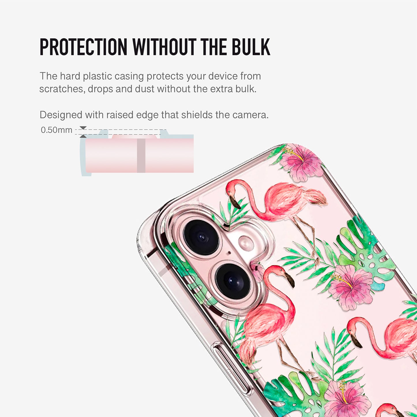 clear flamingo phone case with raised camera edge 