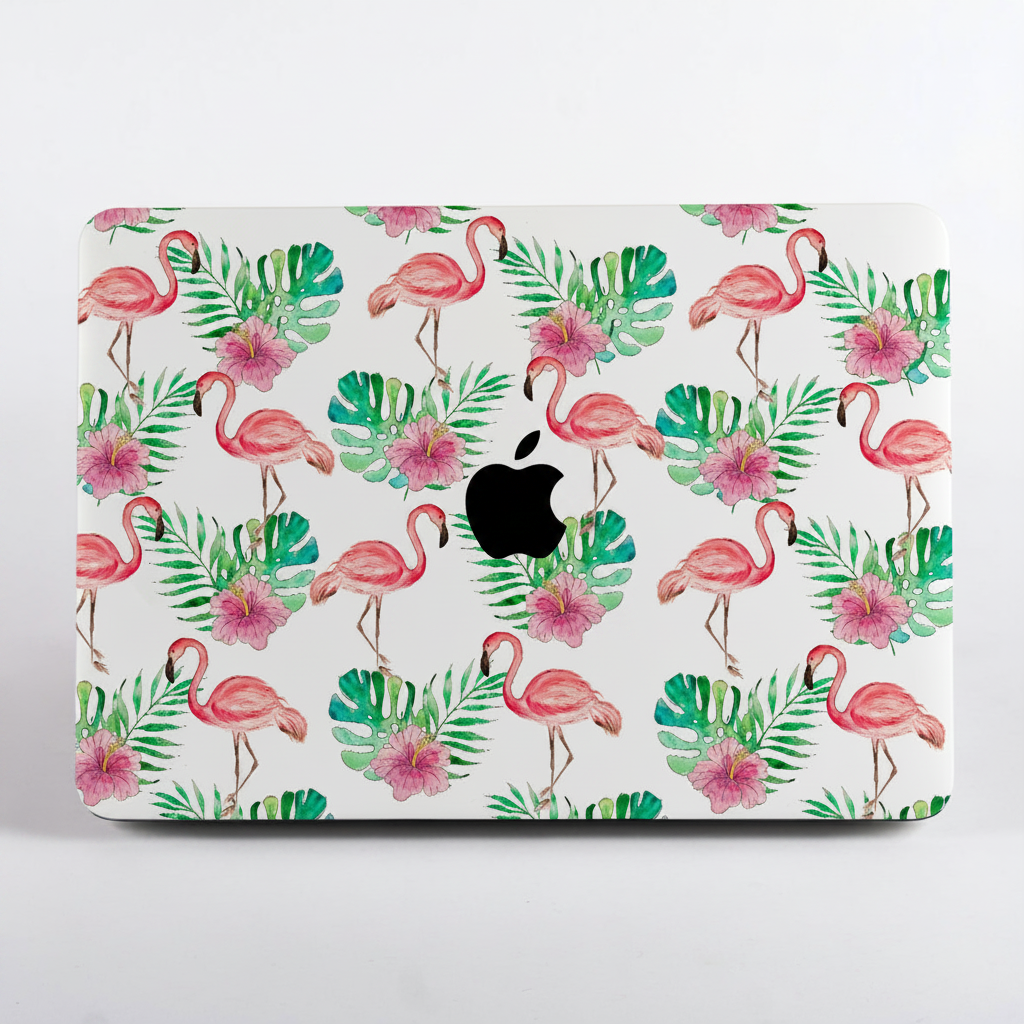 MacBook with a flamingo and leaf pattern case on a white background