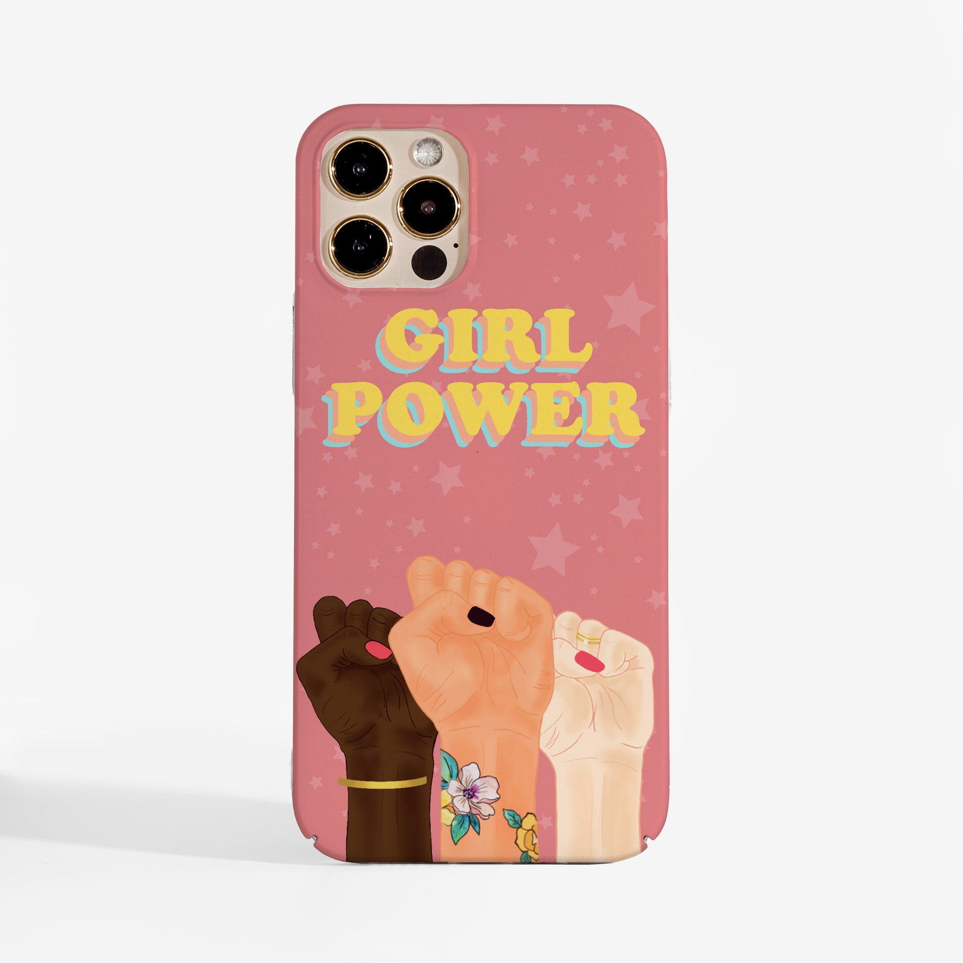 Phone case with 'Girl Power' text and three raised fists on a pink background