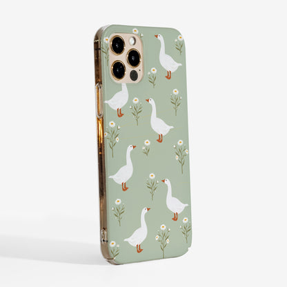  Phone case with goose and flower pattern on a light green background and clear sides -lightweight protection that keeps your phone safe without adding bulk