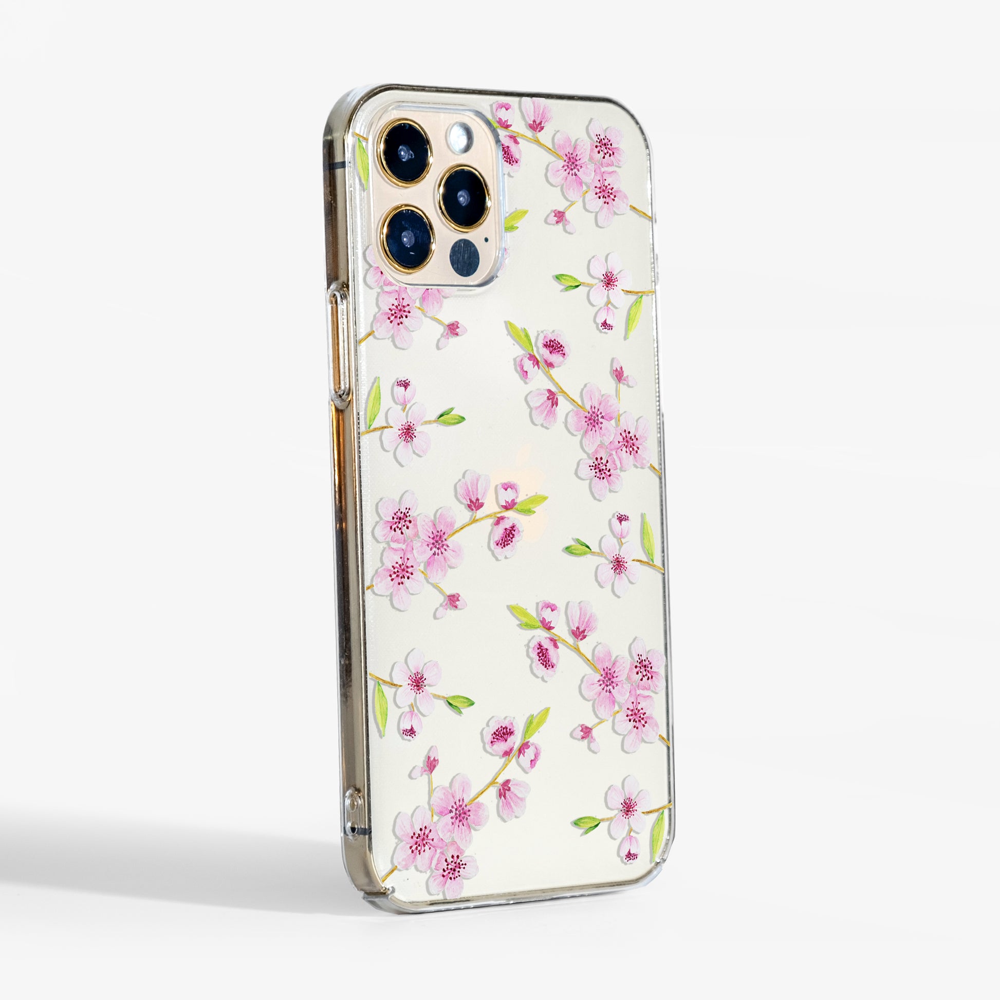 Side view showing slim fit of the cherry blossoms clear phone case with transparent sides for a more leegant look.