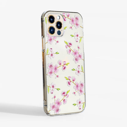 Side view showing slim fit of the cherry blossoms clear phone case with transparent sides for a more leegant look.