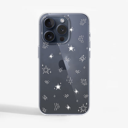 iPhone 15 Pro with Festive Stars clear phone case featuring minimal star artwork and transparent sides