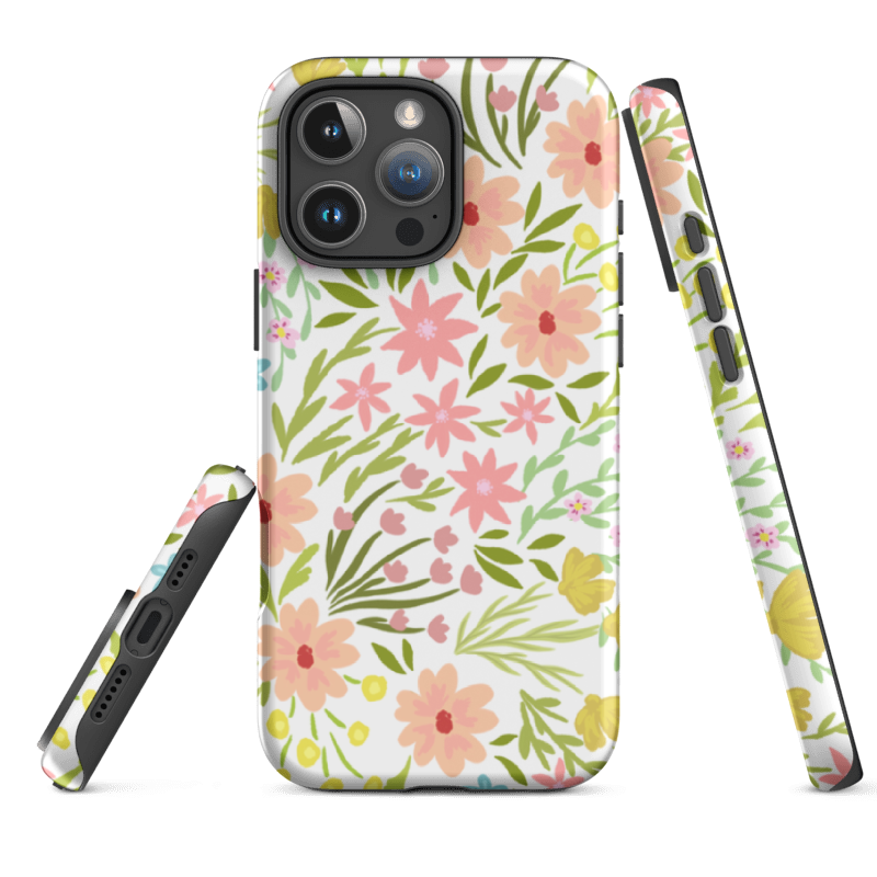 an example of iPhone Summer Florals Phone Case showing glossy wraparound print and protective durable dual layer shell made of TPU inner liner and hard printed cover