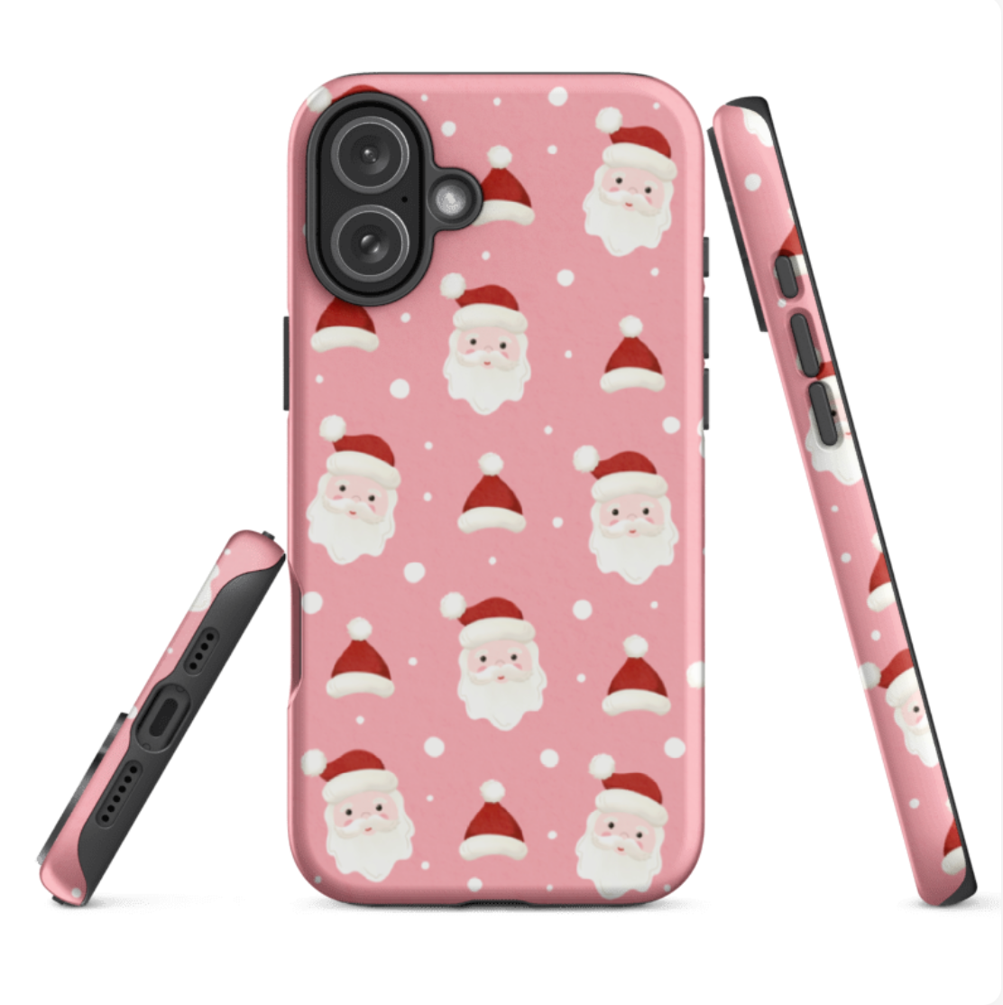 Protective Phone case with a cute christmas design featuring cheerful Santa faces on a pink background showing wrap around design and dual layer protective cover