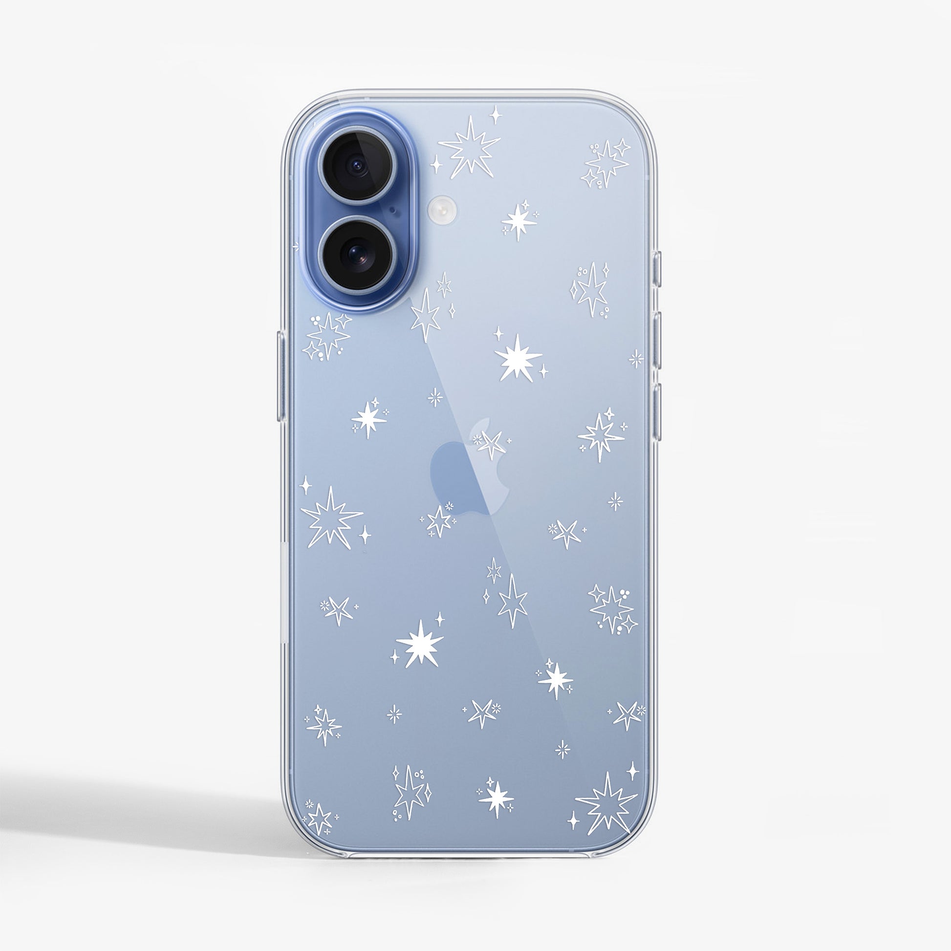 iPhone 17  displaying the Festive Stars clear case with soft star detailing, protective hard shell and transparent sides, front view