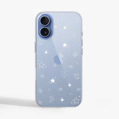 iPhone 17  displaying the Festive Stars clear case with soft star detailing, protective hard shell and transparent sides, front view