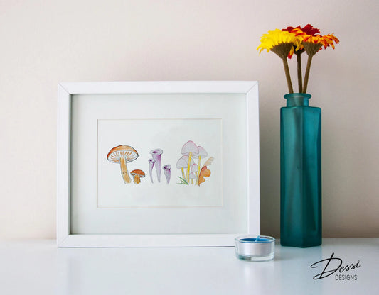 Framed artwork of mushrooms on a table with a teal vase and flowers.