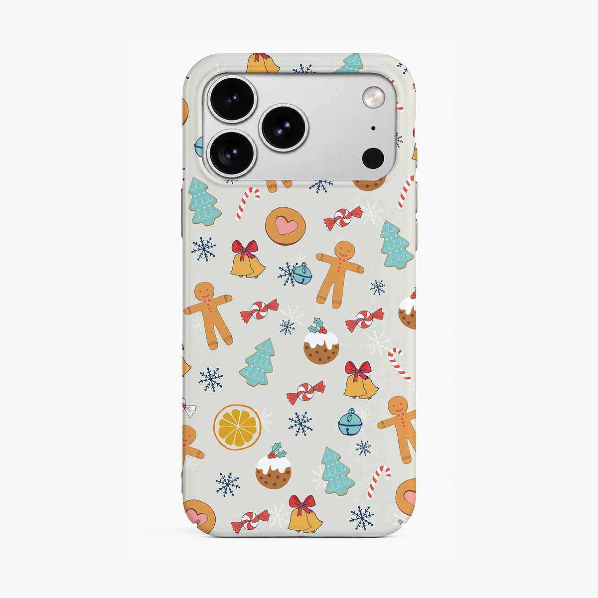 Christmas Treat phone case featuring colourful gingerbread and festive illustrations, displayed beside hot chocolate and a Christmas present.