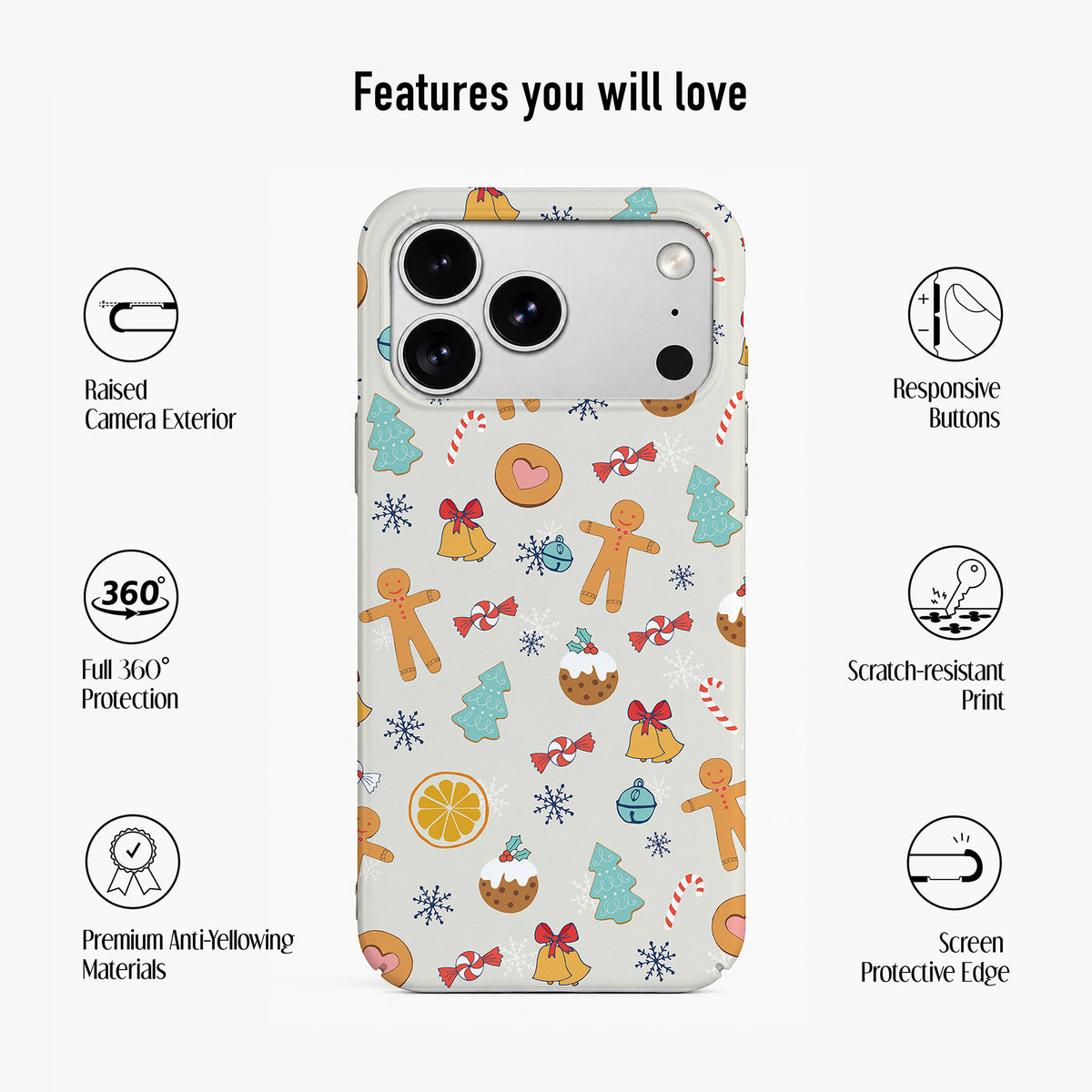A phone case with a festive gingerbread-themed print, shown on a smartphone. The case features a light gray background with a pattern of gingerbread men, trees, candy canes, and ornaments.