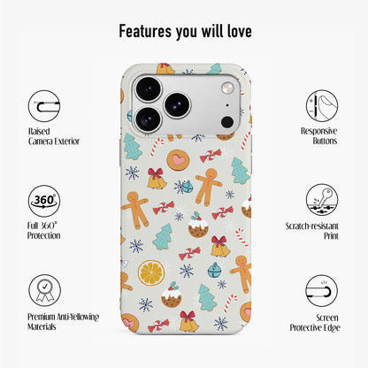 A phone case with a festive gingerbread-themed print, shown on a smartphone. The case features a light gray background with a pattern of gingerbread men, trees, candy canes, and ornaments.