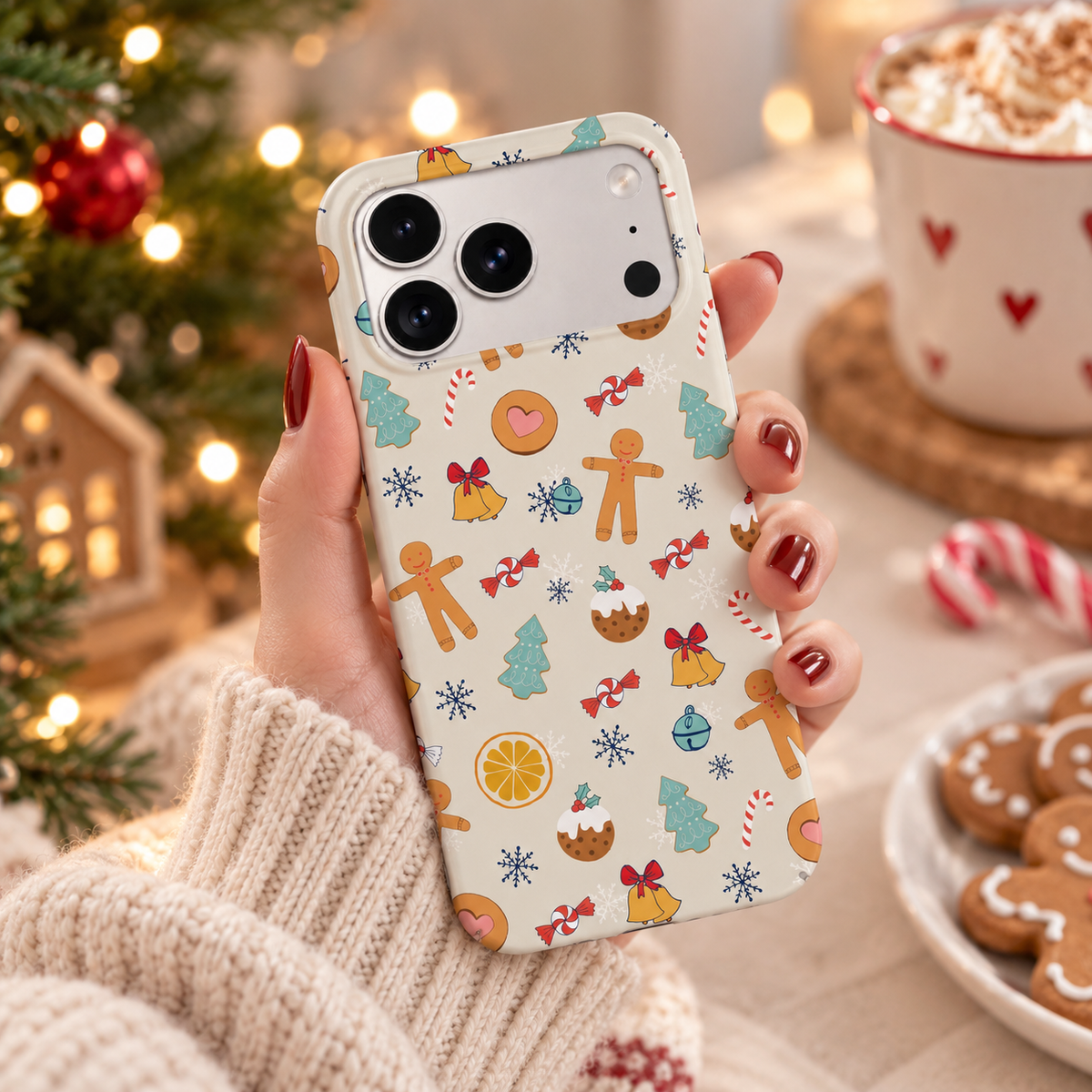 Hand holding a Christmas Treat phone case with gingerbread men, candy canes and snowflakes, styled with a cosy Christmas jumper and festive decorations.