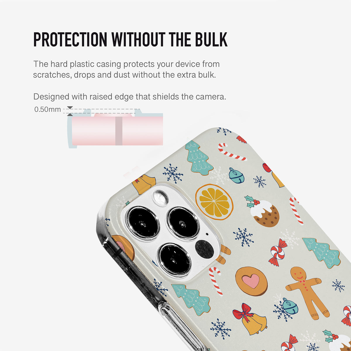 Close-up of the Christmas Treat phone case showing raised camera edges