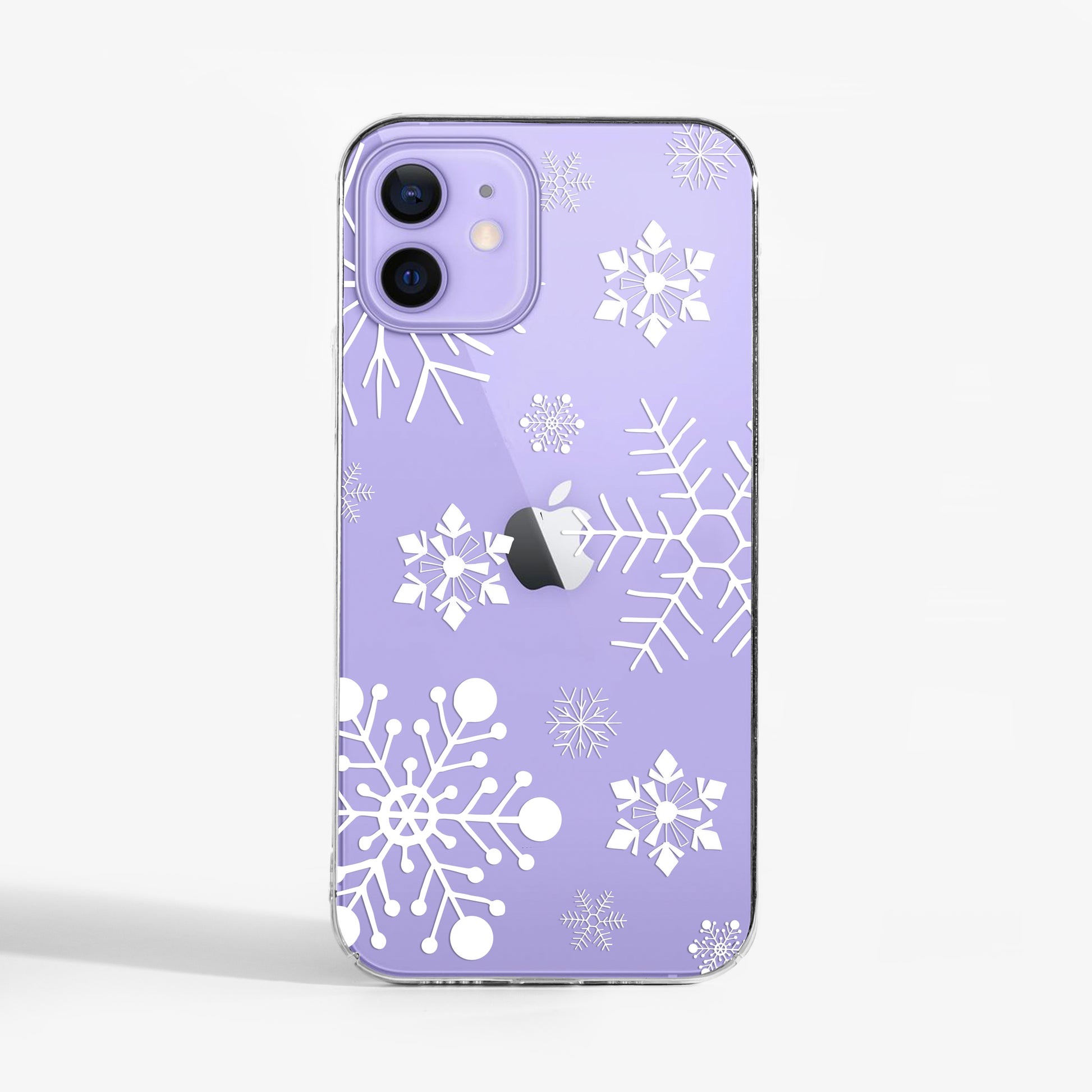 Clear Phone case with white snowflake pattern on a light purple iPhone 15 