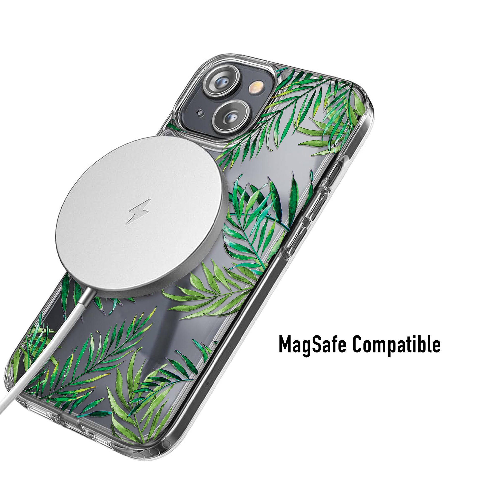Clear tropical leaves phone case with magSafe compatibility 