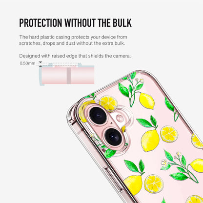 Clear protective phone case featuring pretty watercolour lemons print showing raised camera edges.