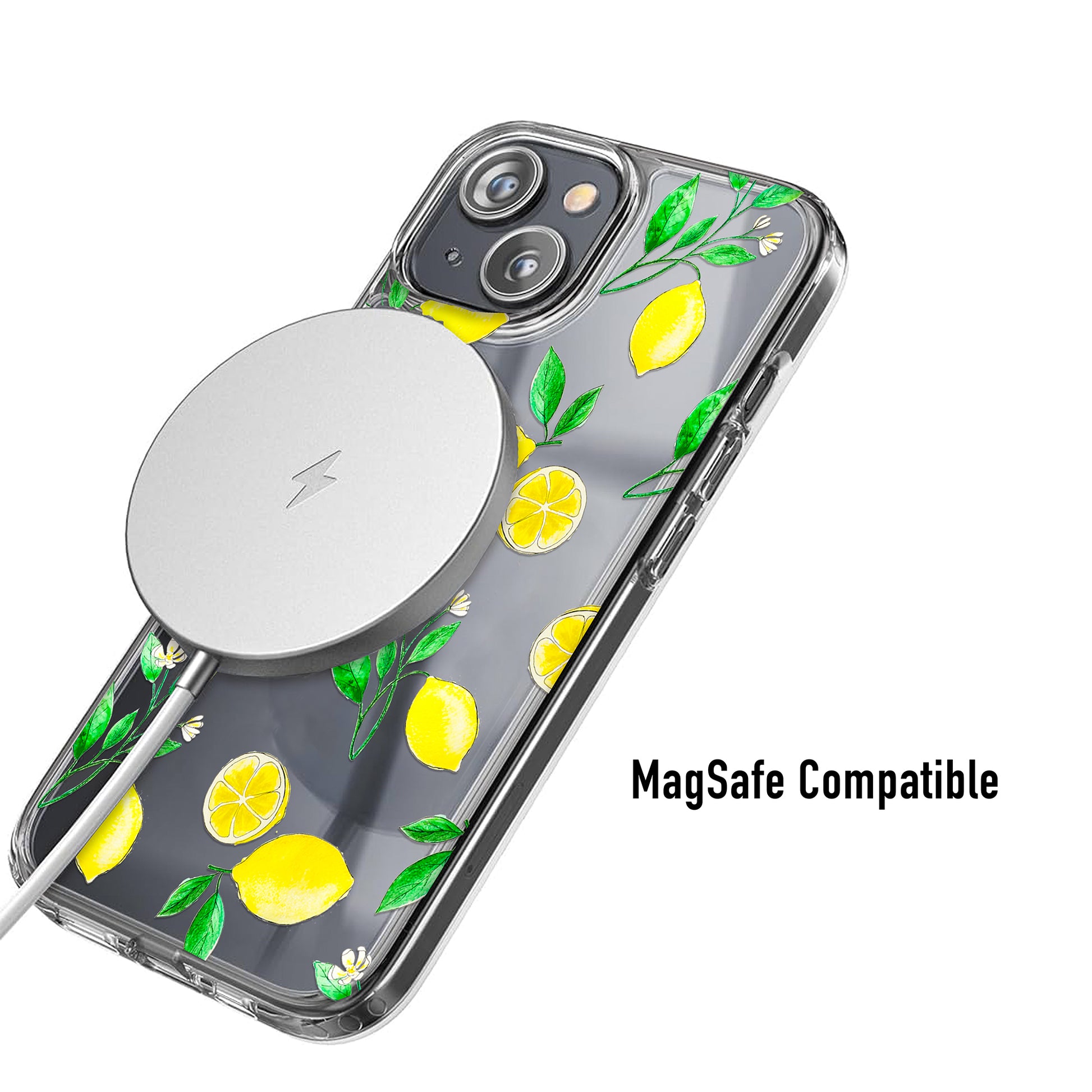 Phone case with lemon design and MagSafe compatibility on a white background