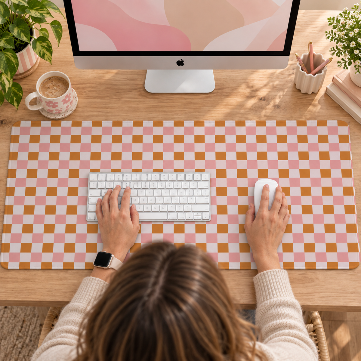 Pink and Orange Plaid Desk Mat