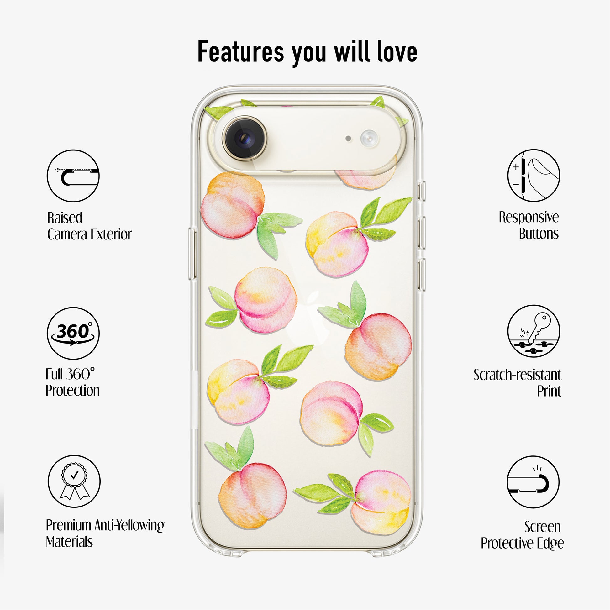 clear peach phone case showing scratch-resistant print, raised camera, anti-yellow materials and 360 protection features 