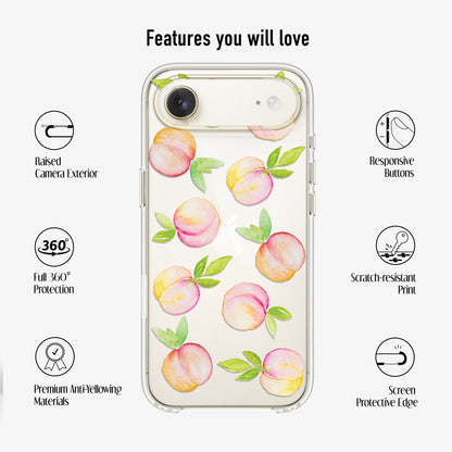 clear peach phone case showing scratch-resistant print, raised camera, anti-yellow materials and 360 protection features 