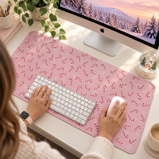 Pink Christmas desk mat with red and white candy canes and snowflakes, shown with a white keyboard and mouse
