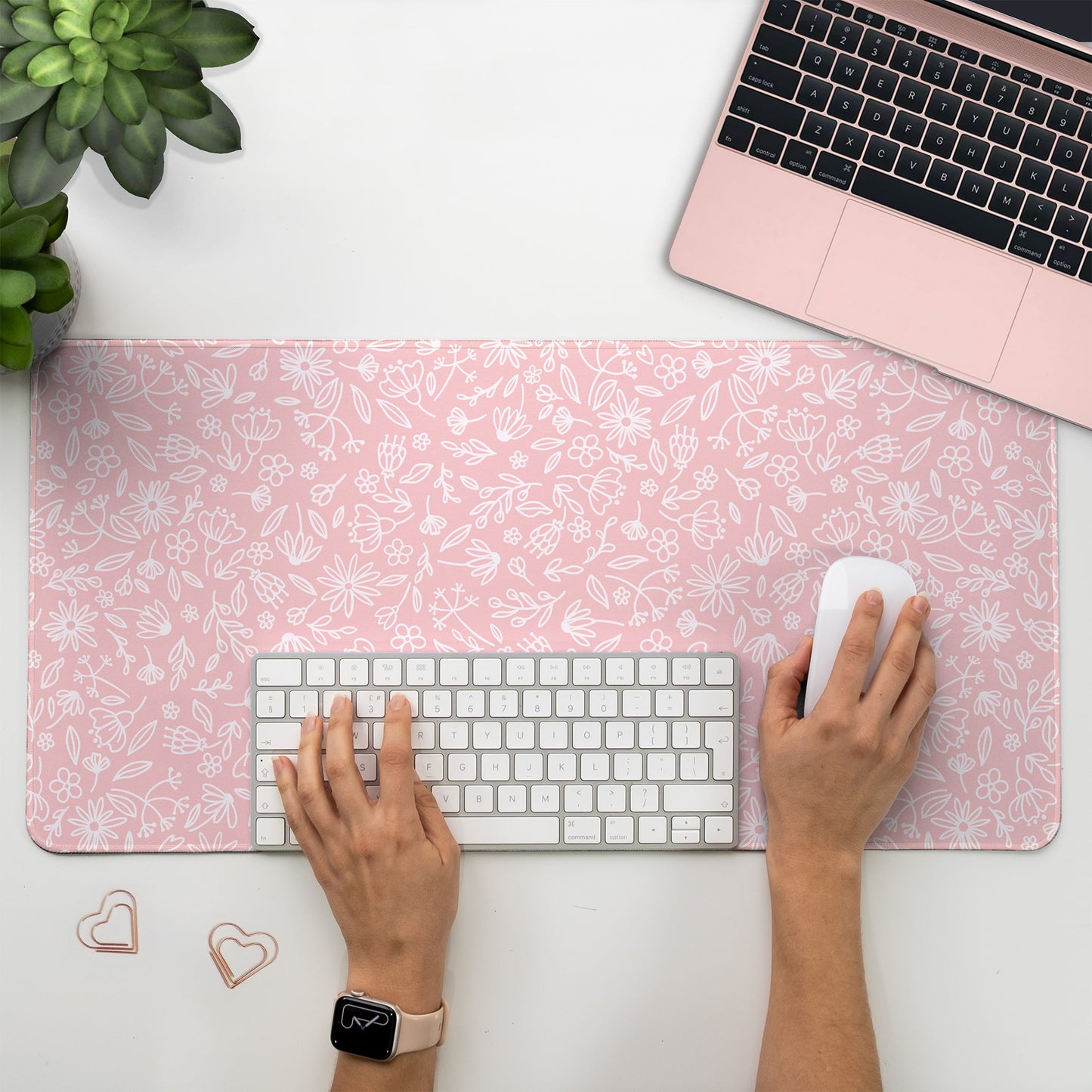 Soft pink Desk mat, featuring light pink florals perfect for creating an asethetic and welcoming desk setup