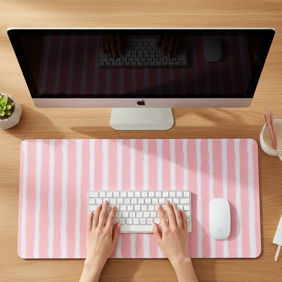 Pretty Pink stripes desk mat for a cosy and aesthetic setup.