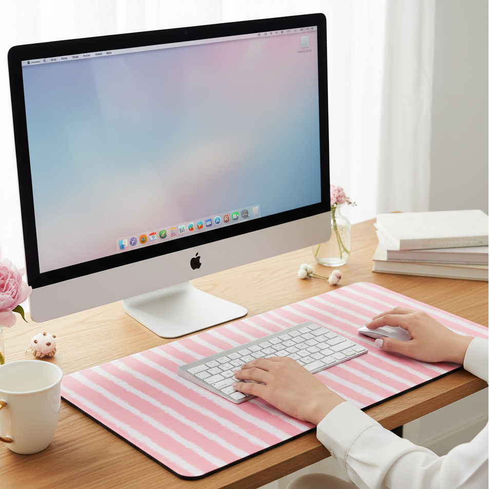 Desk setup with the pink stripes desk mat offering comfort and stability