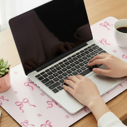large pink bow desk mat in everyday use for a comfy and aesthetic desk setup