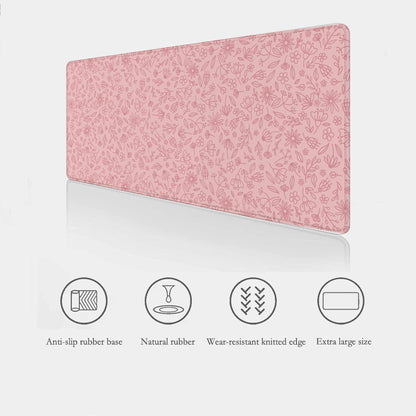 Extra large floral desk mat with dark pink flowers showing features like anti-slip base, and waterproof smooth surface